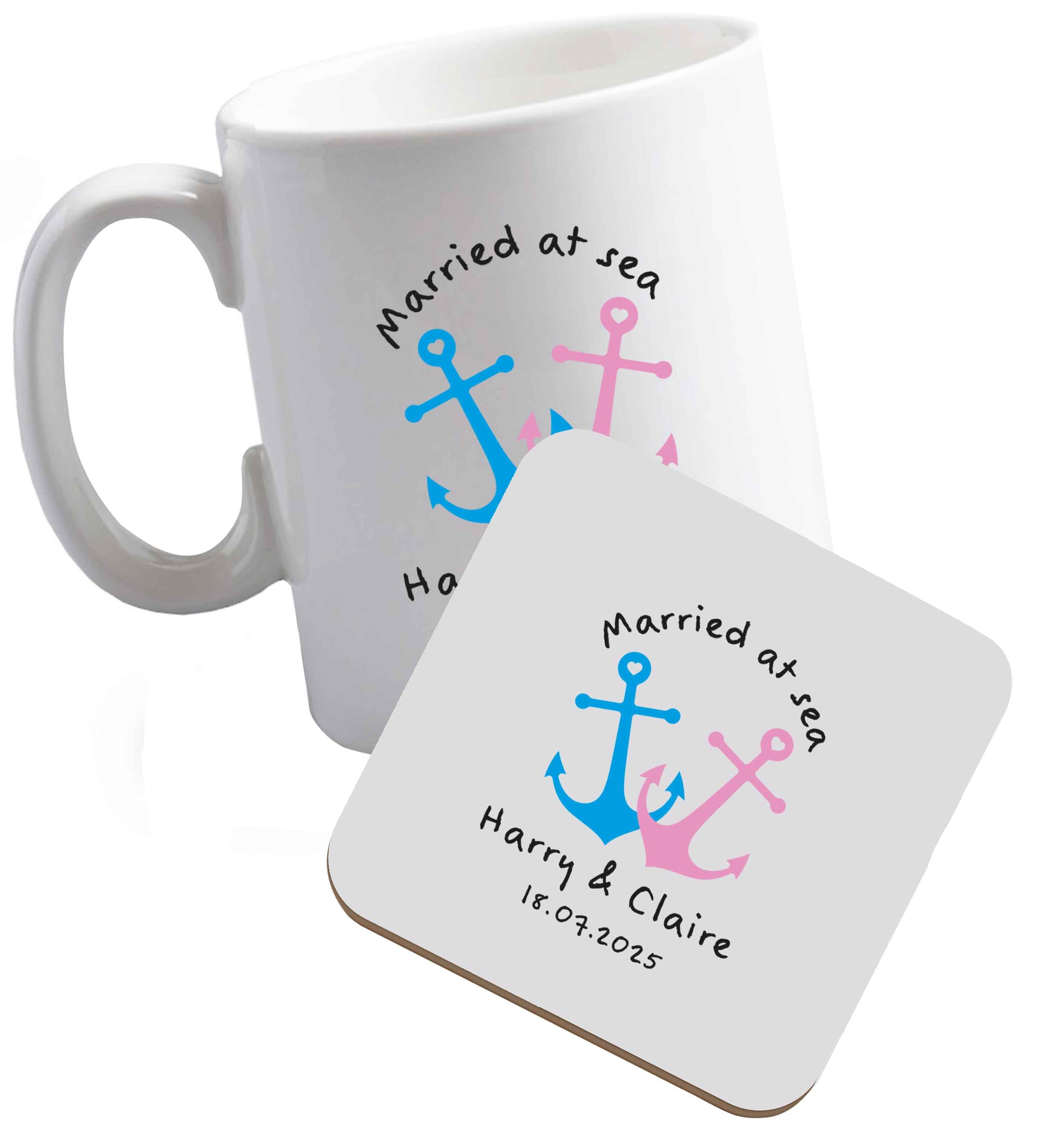 10 oz Personalised anniversary cruise ceramic mug and coaster set right handed