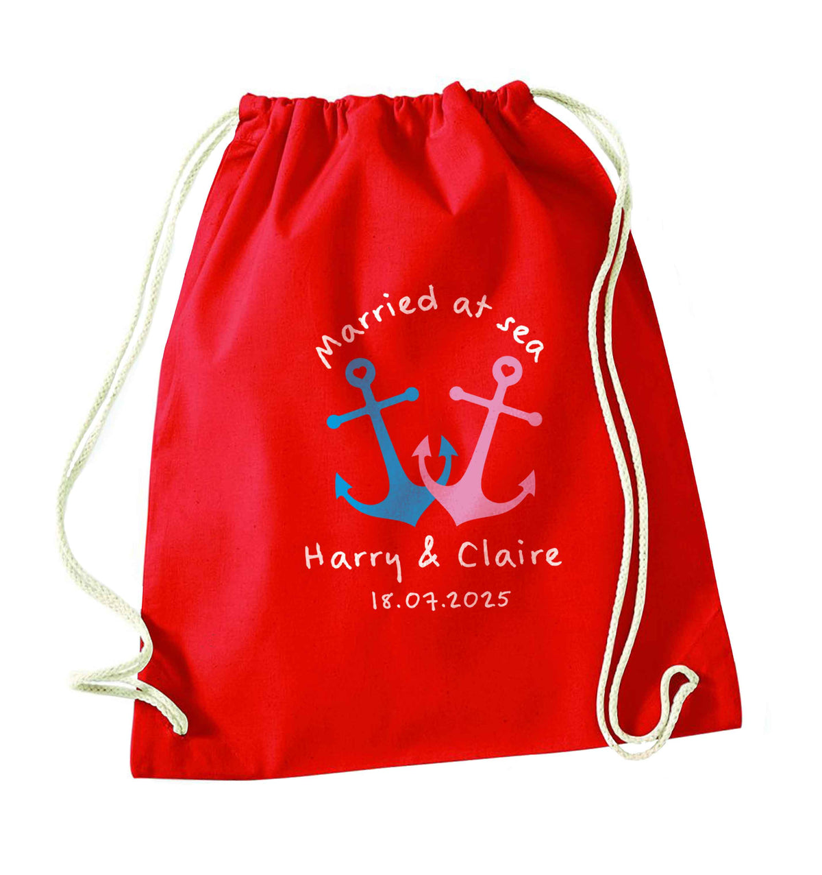 Personalised anniversary cruise red drawstring bag 