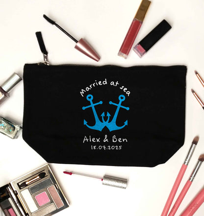 Married at sea blue anchors black makeup bag