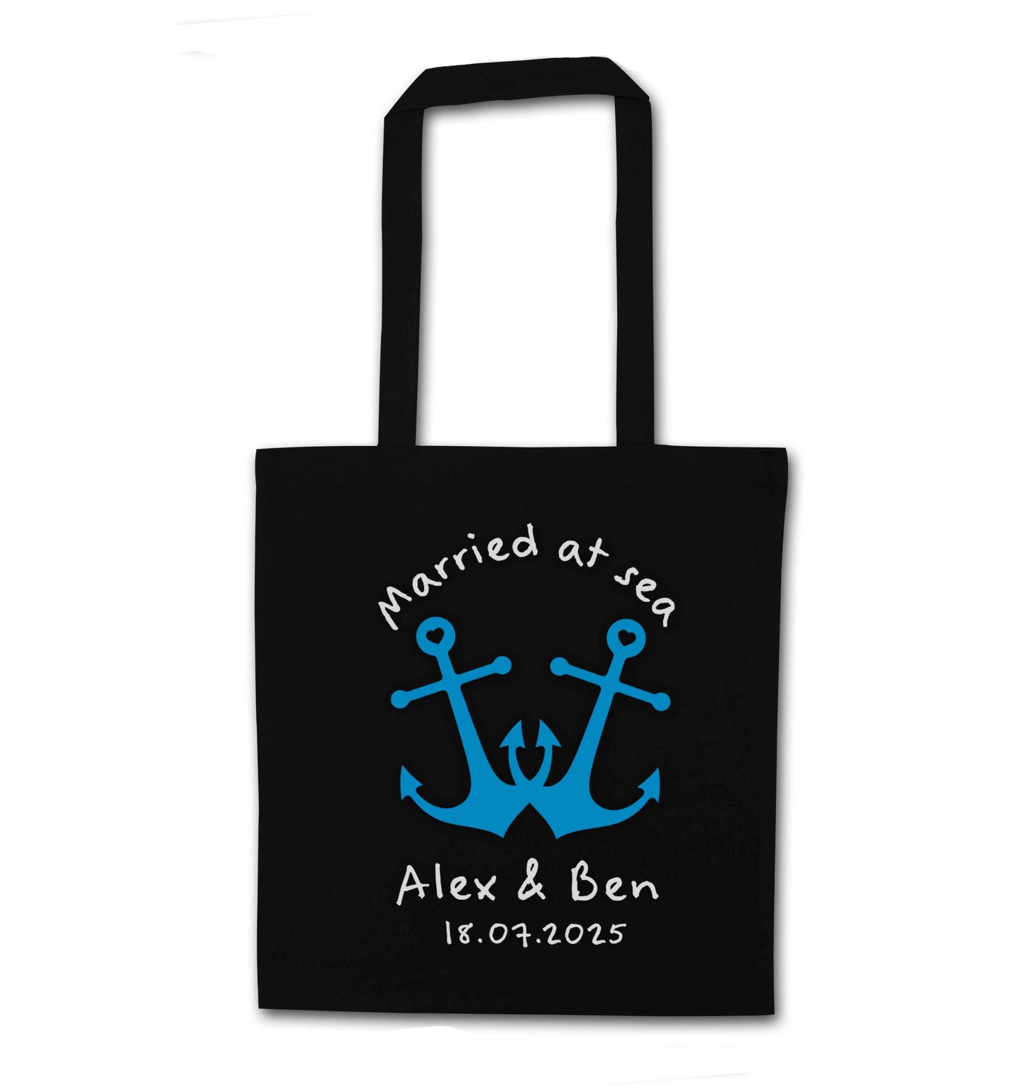Married at sea blue anchors black tote bag