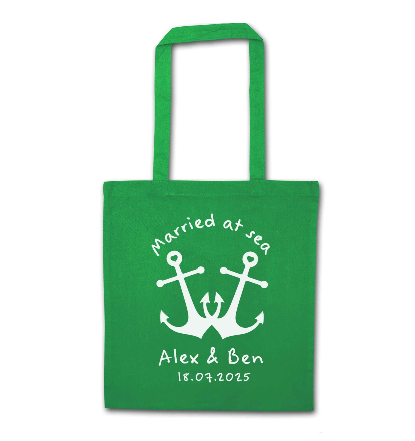 Married at sea blue anchors green tote bag