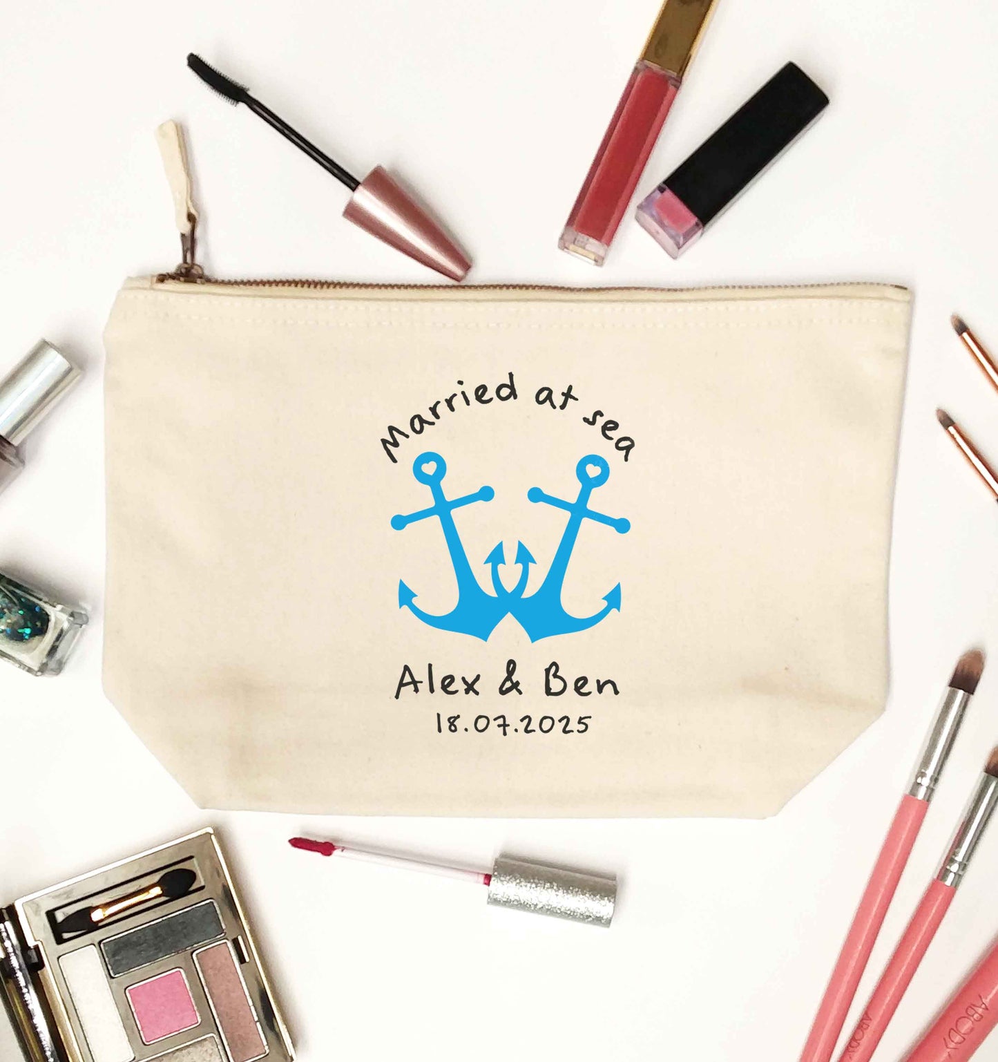 Married at sea blue anchors natural makeup bag