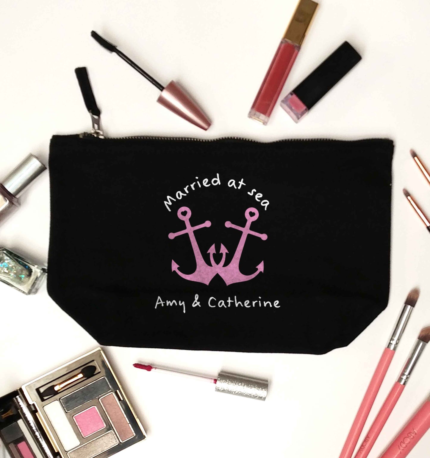 Married at sea pink anchors black makeup bag