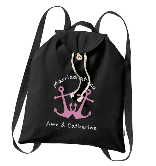 Married at sea pink anchors organic cotton backpack tote with wooden buttons in black