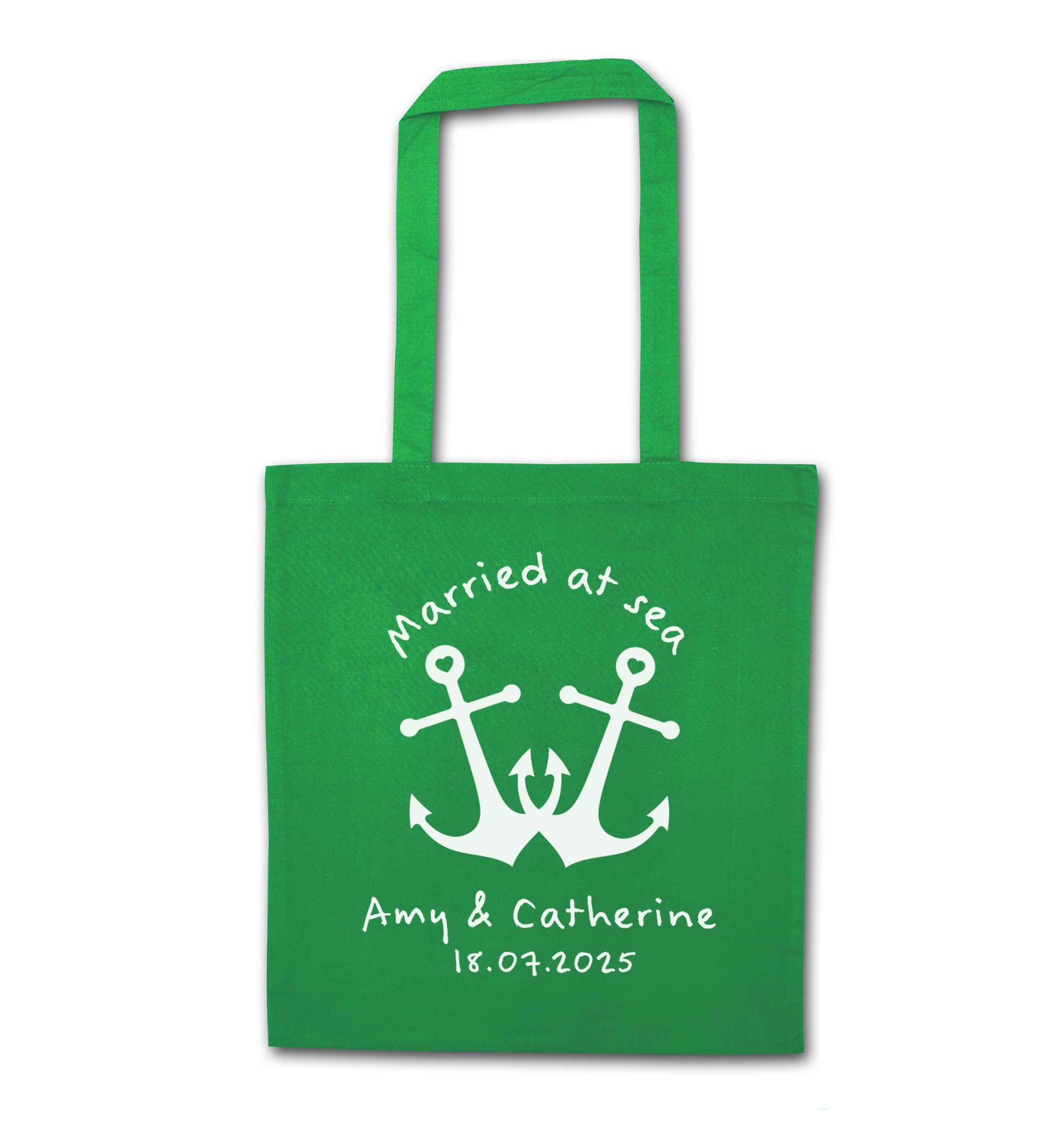 Married at sea pink anchors green tote bag
