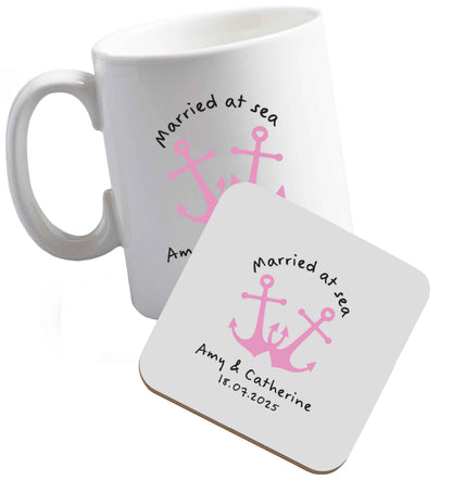 10 oz Married at sea pink anchors ceramic mug and coaster set right handed