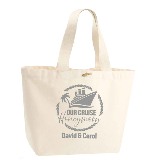 Our cruise honeymoon personalised organic cotton premium tote bag with wooden toggle in natural