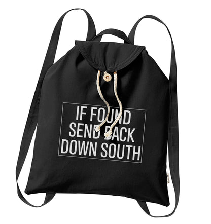 If found send back down South organic cotton backpack tote with wooden buttons in black