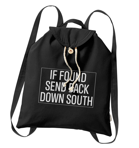 If found send back down South organic cotton backpack tote with wooden buttons in black
