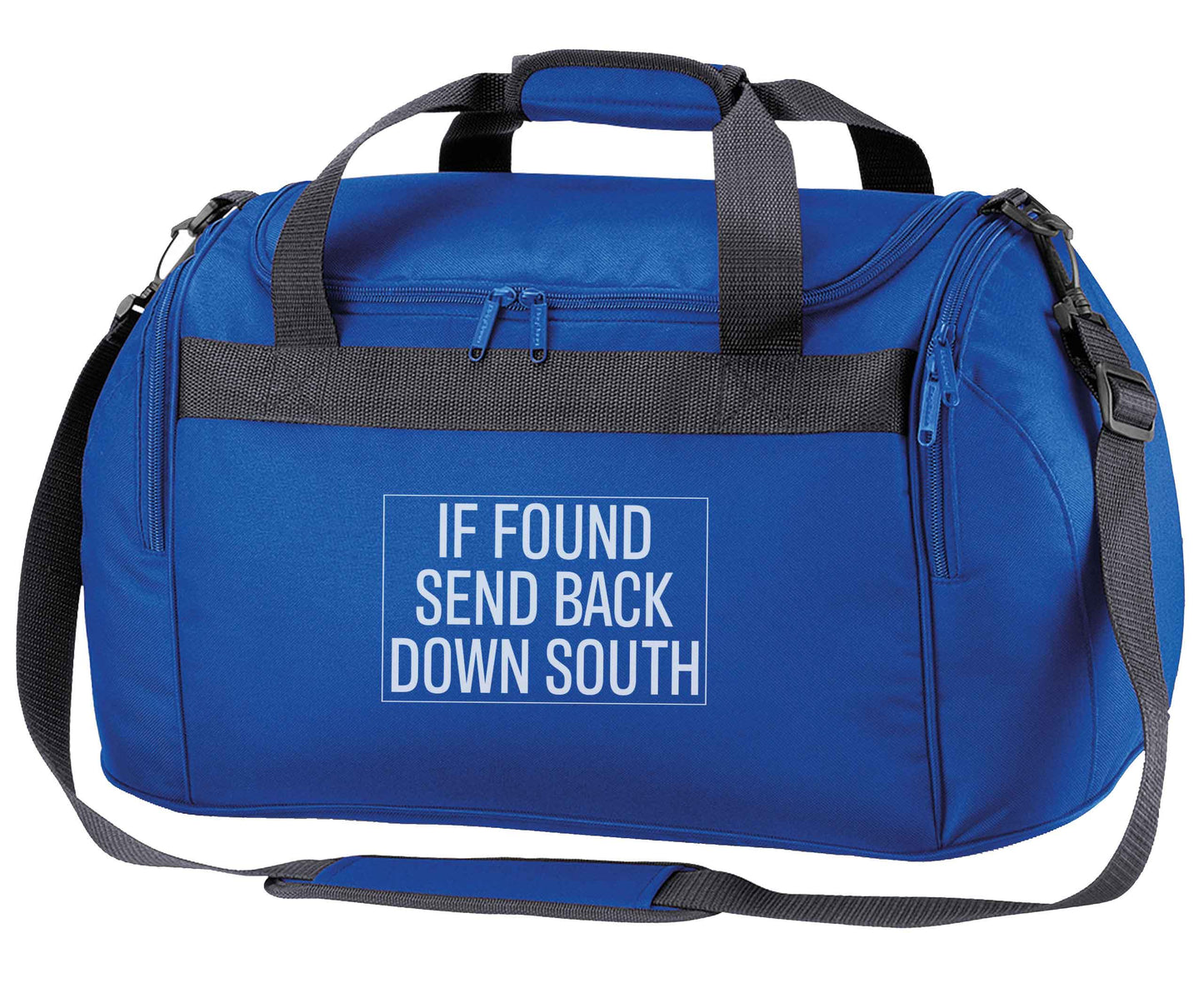 If found send back down South royal blue holdall / duffel bag