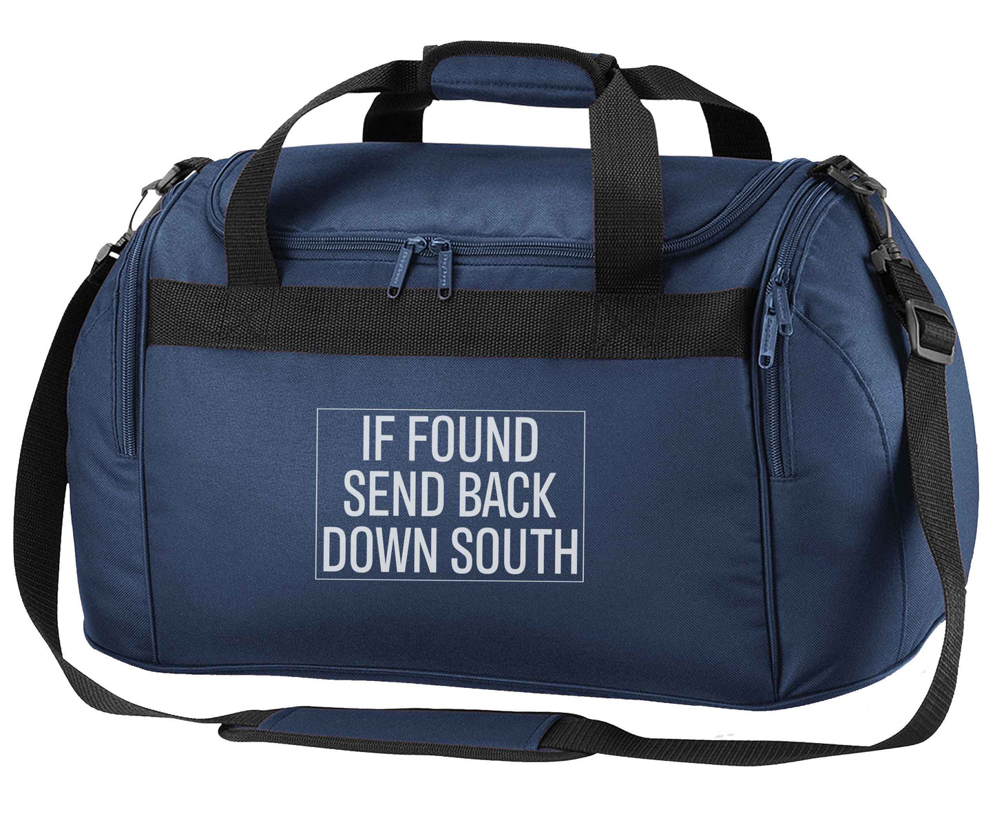 If found send back down South navy holdall / duffel bag