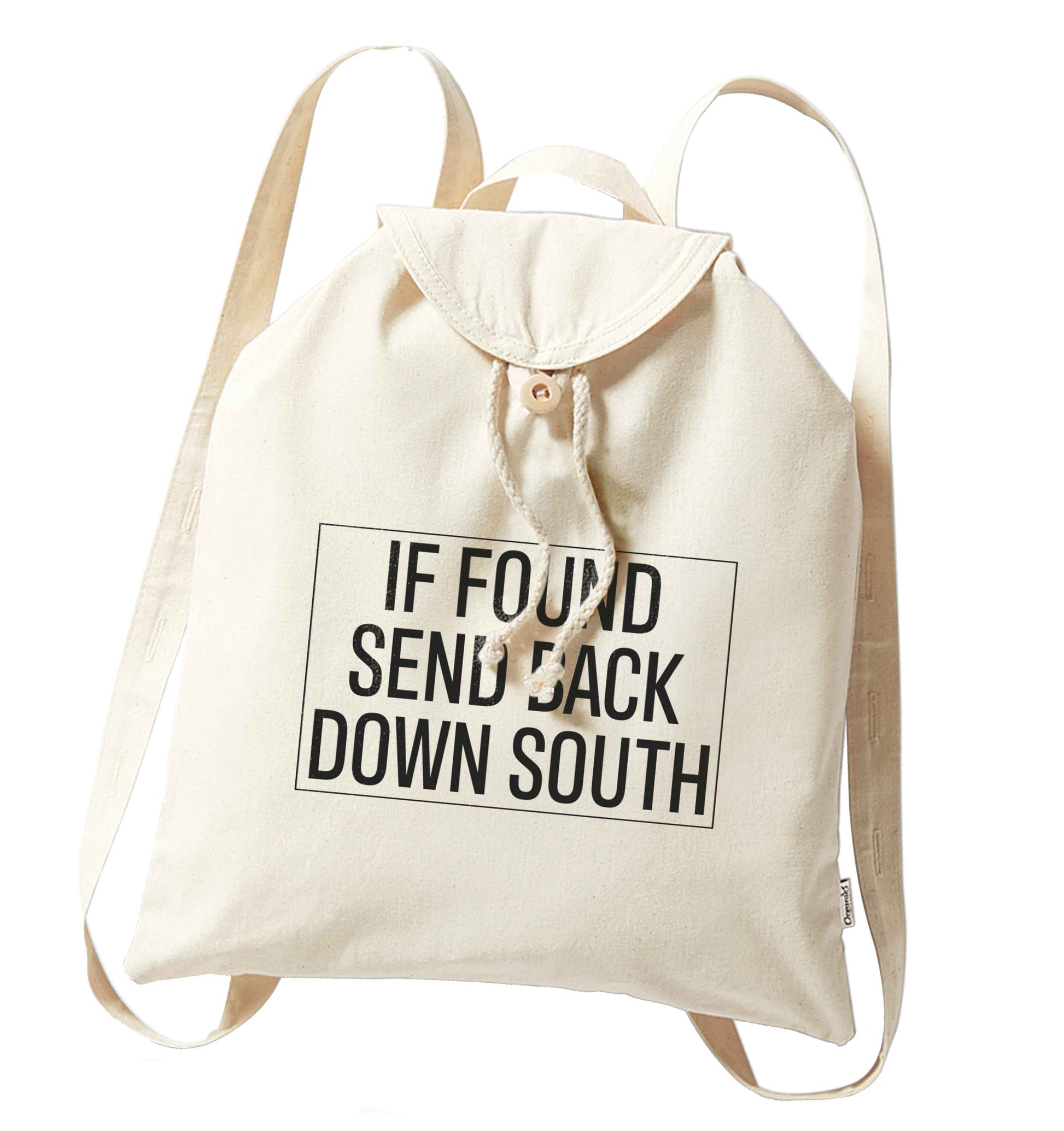 If found send back down South organic cotton backpack tote with wooden buttons in natural