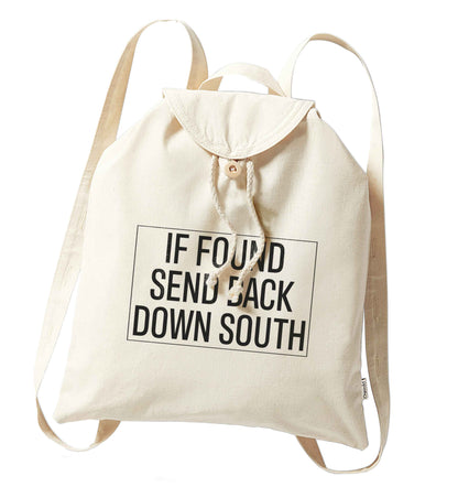 If found send back down South organic cotton backpack tote with wooden buttons in natural