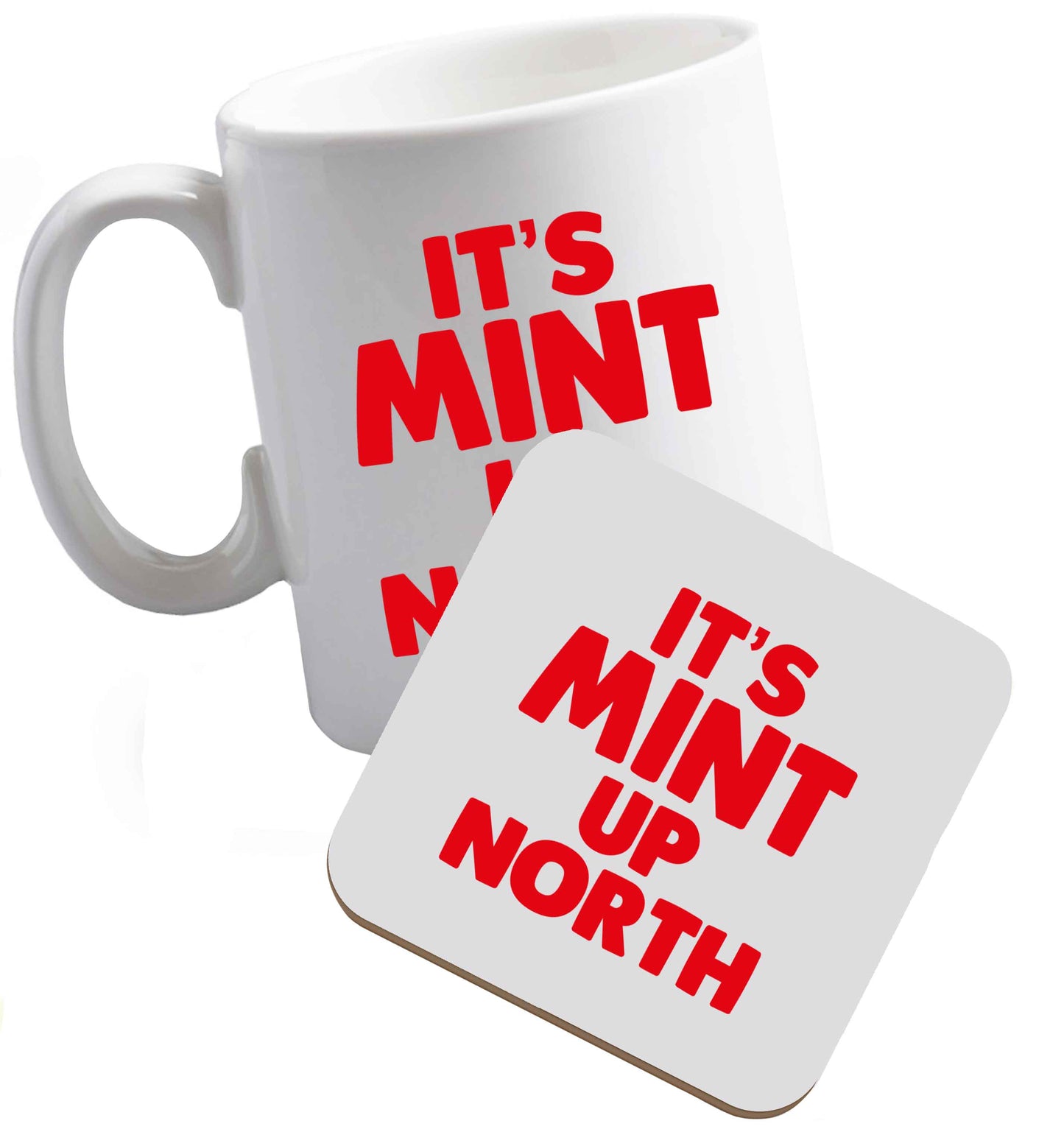 10 oz It's mint up North ceramic mug and coaster set right handed