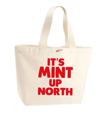 It's mint up North organic cotton premium tote bag with wooden toggle in natural
