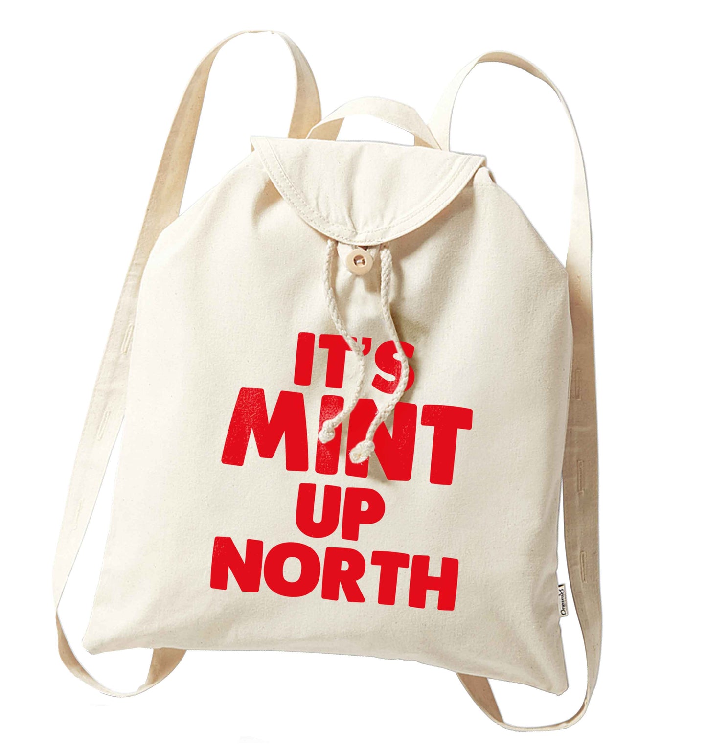 It's mint up North organic cotton backpack tote with wooden buttons in natural
