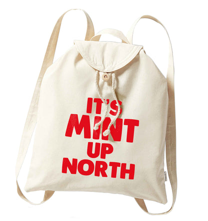It's mint up North organic cotton backpack tote with wooden buttons in natural