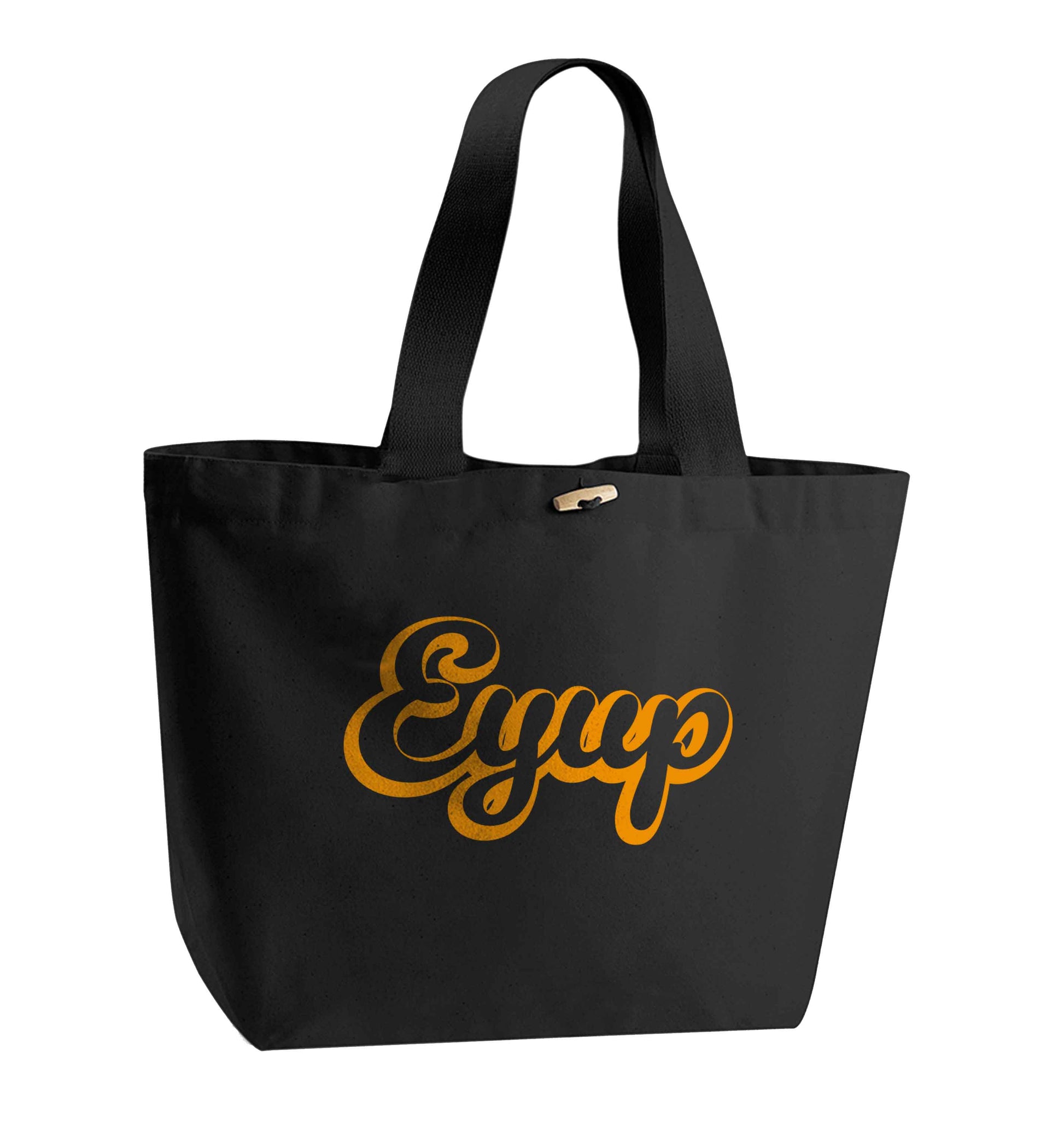 Eyup organic cotton premium tote bag with wooden toggle in black