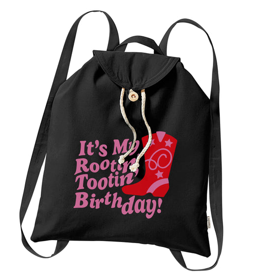 It's my rootin' tootin' birthday! organic cotton backpack tote with wooden buttons in black