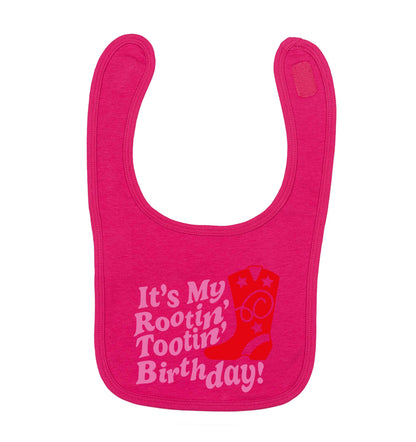 It's my rootin' tootin' birthday! dark pink baby bib