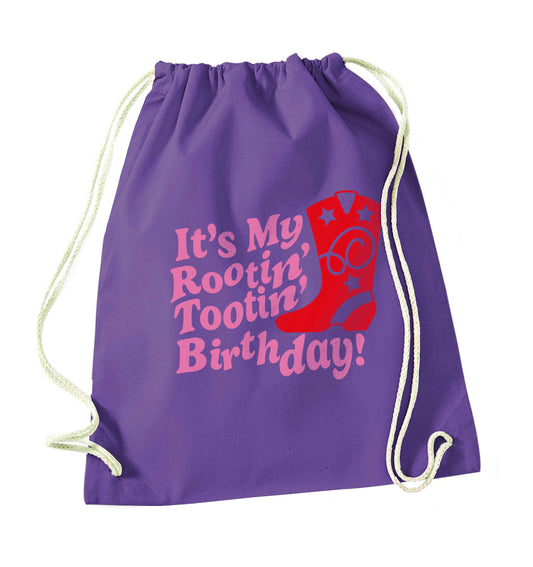 It's my rootin' tootin' birthday! purple drawstring bag