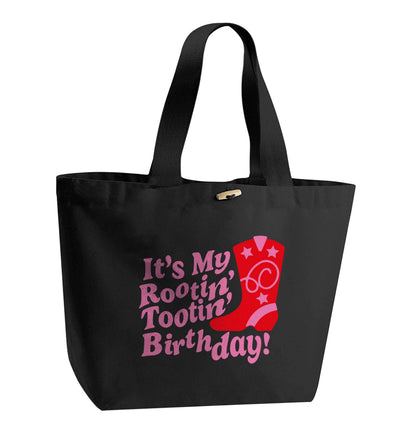 It's my rootin' tootin' birthday! organic cotton premium tote bag with wooden toggle in black