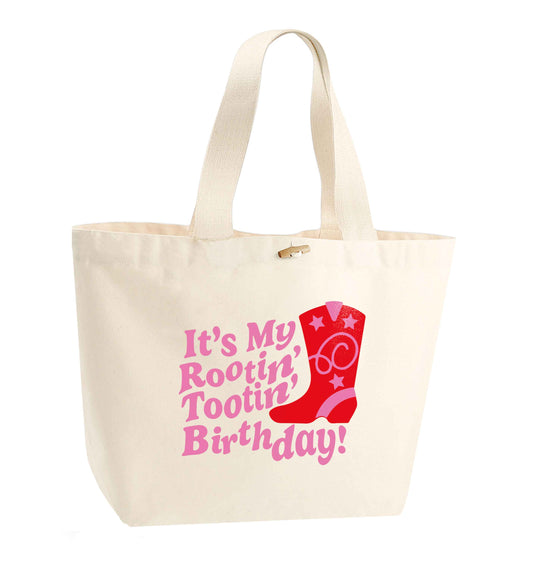 It's my rootin' tootin' birthday! organic cotton premium tote bag with wooden toggle in natural