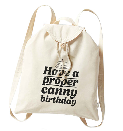 Have a proper canny birthday organic cotton backpack tote with wooden buttons in natural