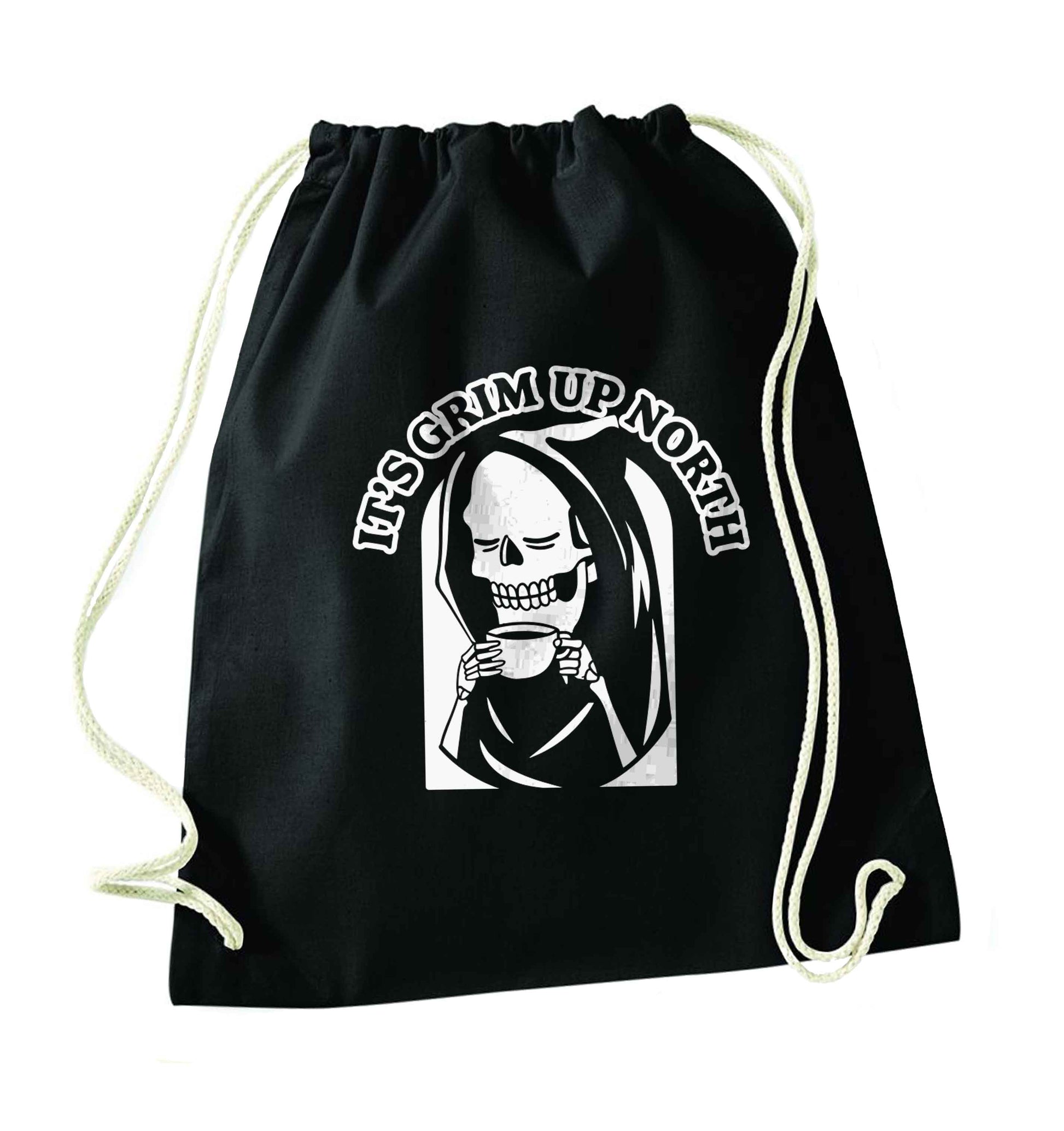 It's grim up North black drawstring bag