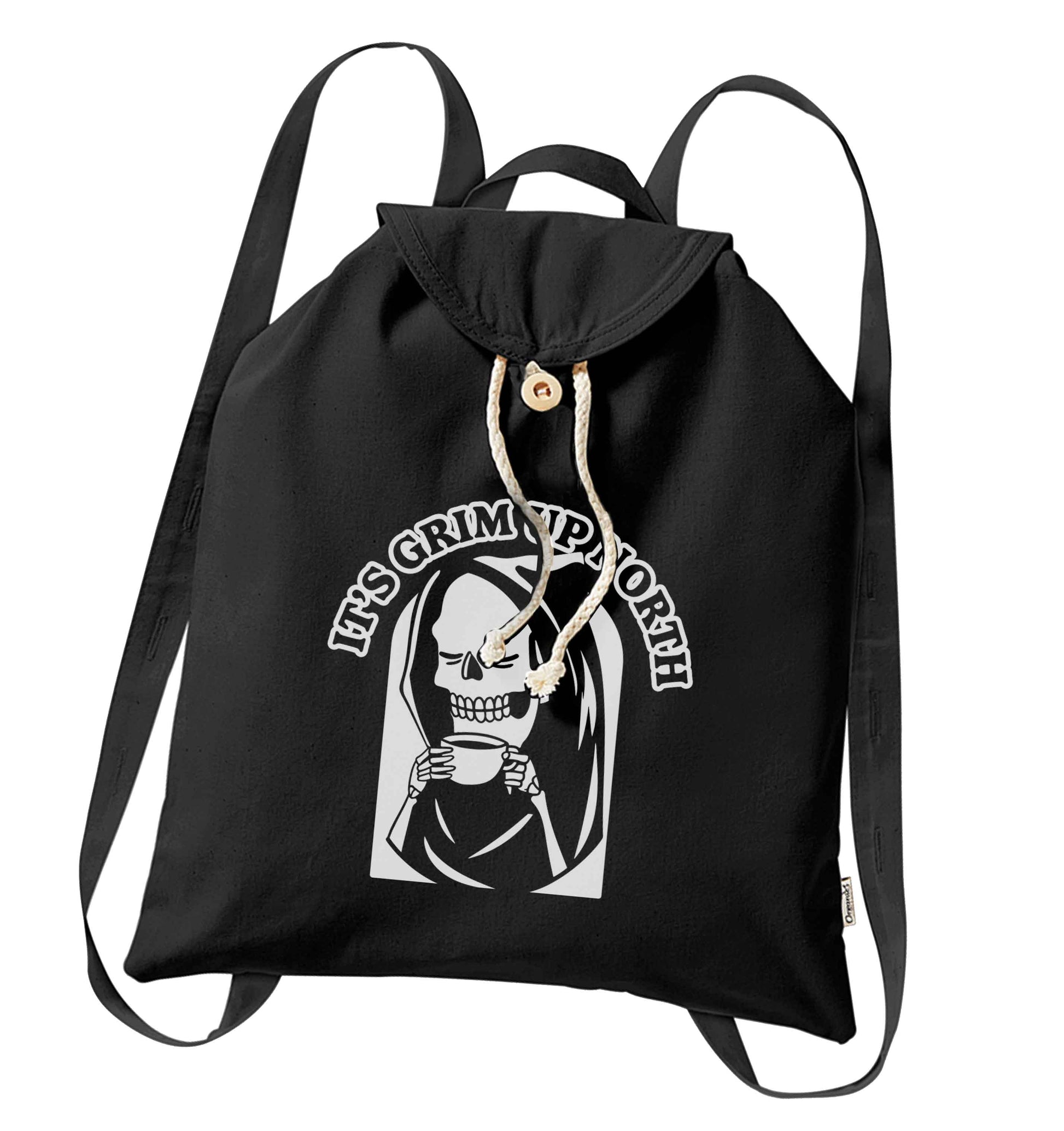 It's grim up North organic cotton backpack tote with wooden buttons in black