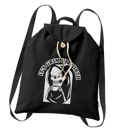 It's grim up North organic cotton backpack tote with wooden buttons in black
