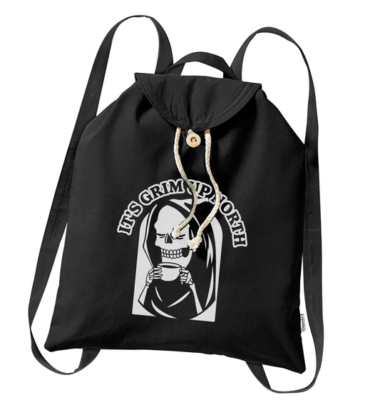 It's grim up North organic cotton backpack tote with wooden buttons in black