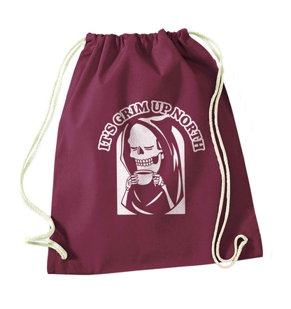 It's grim up North maroon drawstring bag
