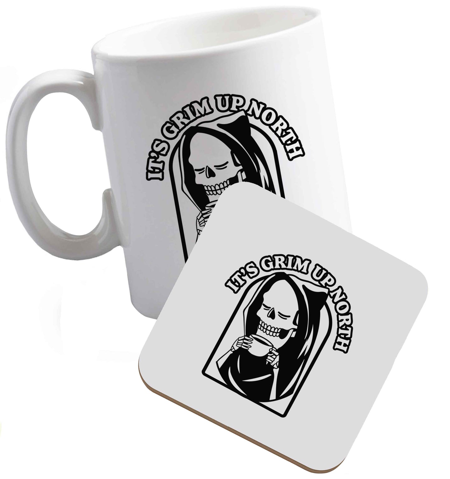 10 oz It's grim up North ceramic mug and coaster set right handed