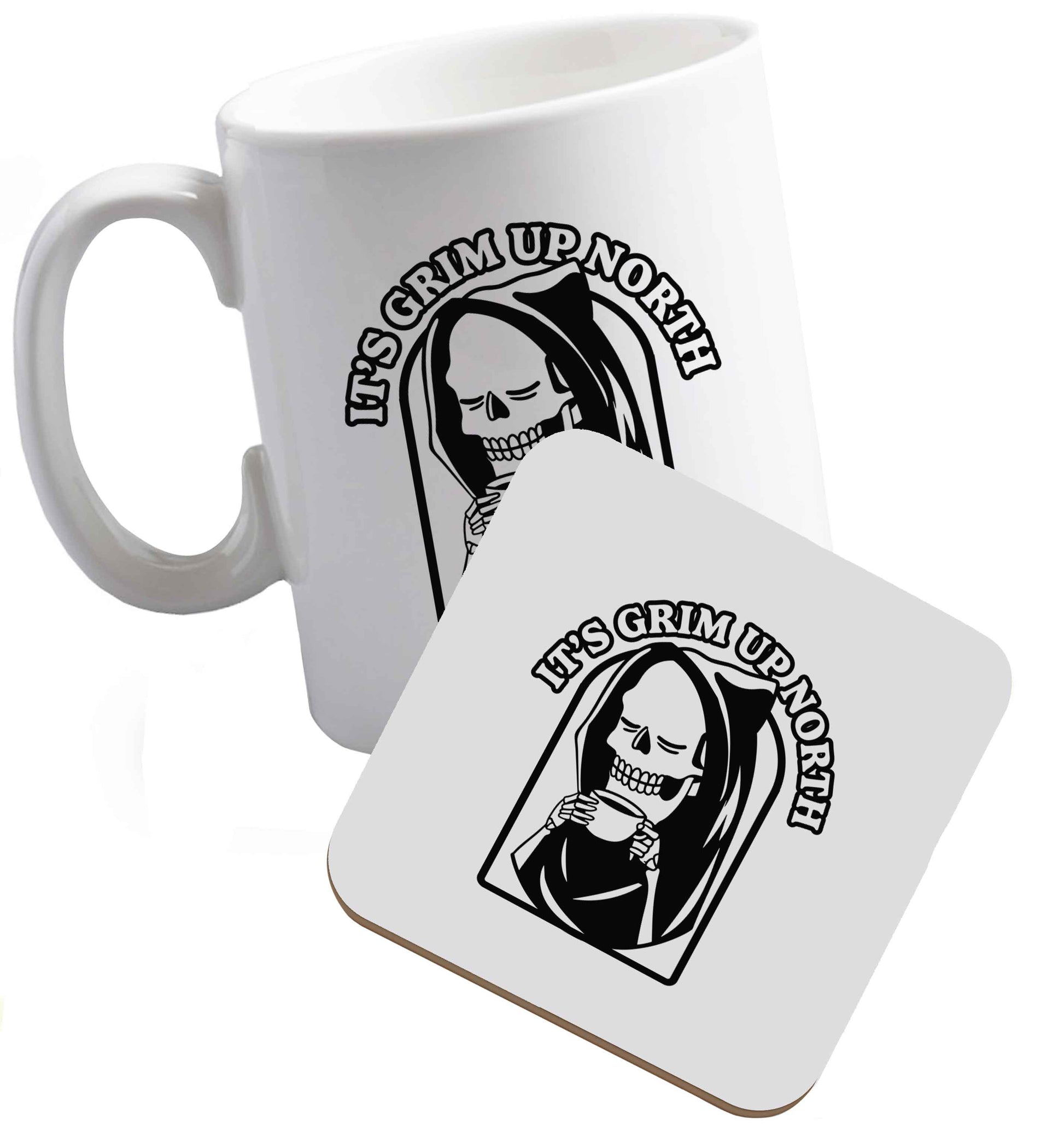 10 oz It's grim up North ceramic mug and coaster set right handed