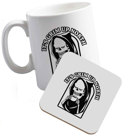 10 oz It's grim up North ceramic mug and coaster set right handed