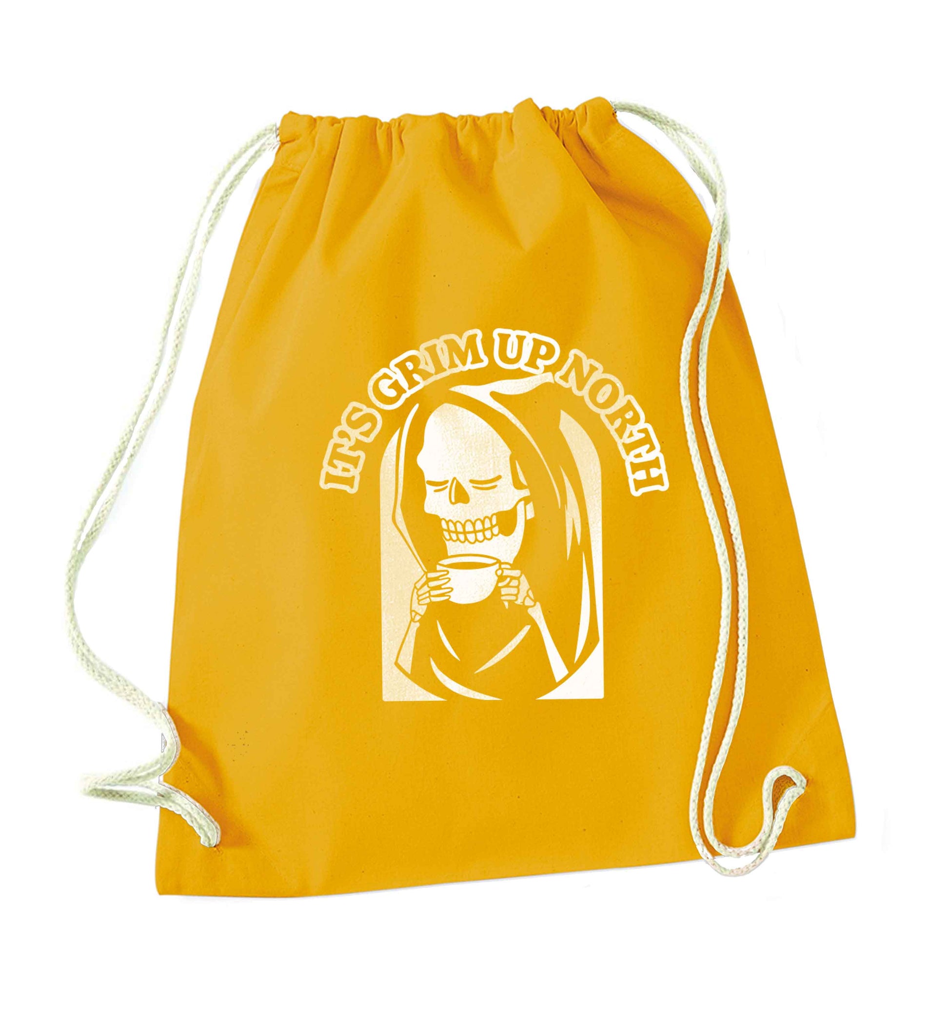 It's grim up North mustard drawstring bag