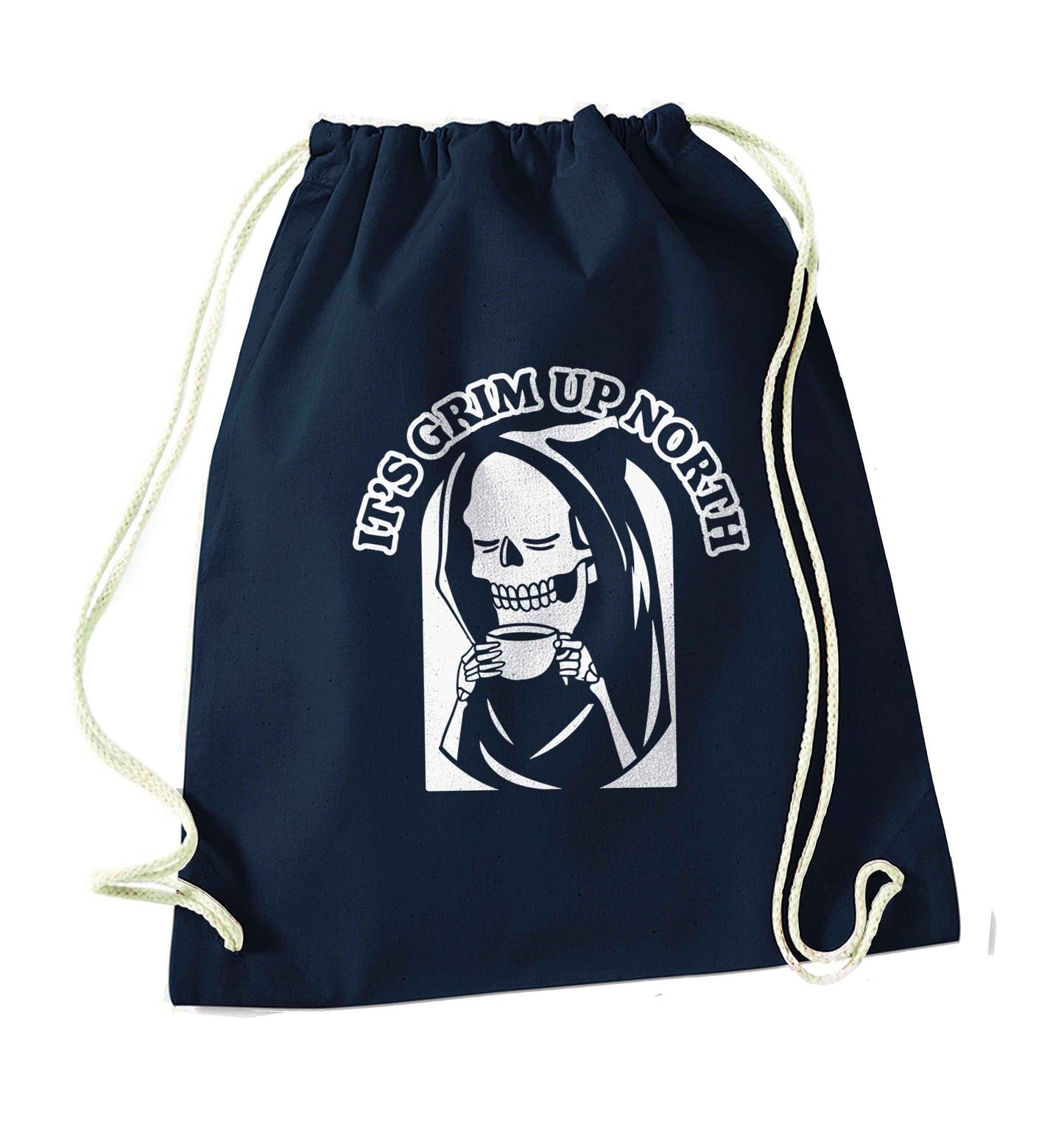 It's grim up North navy drawstring bag