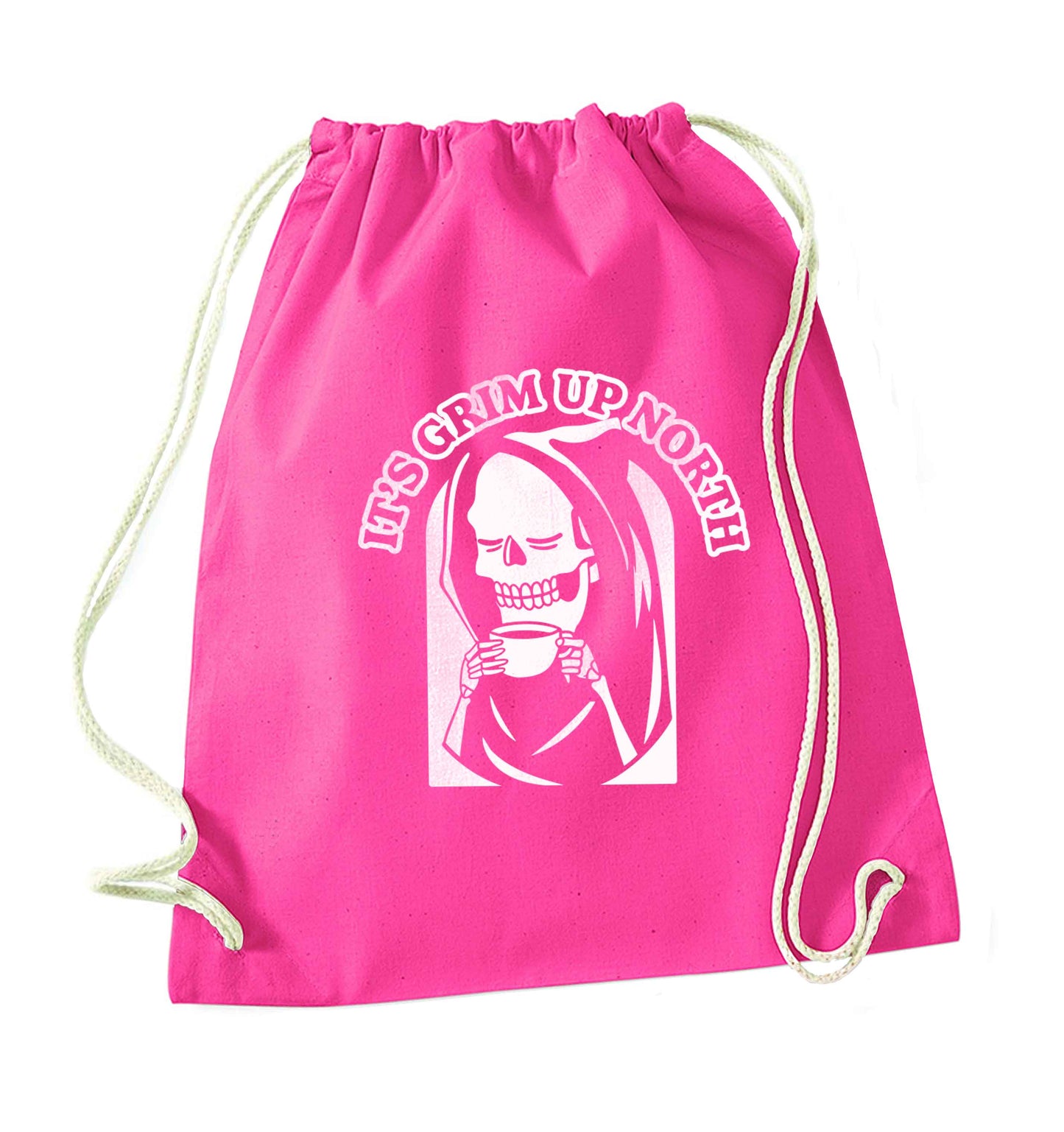 It's grim up North pink drawstring bag
