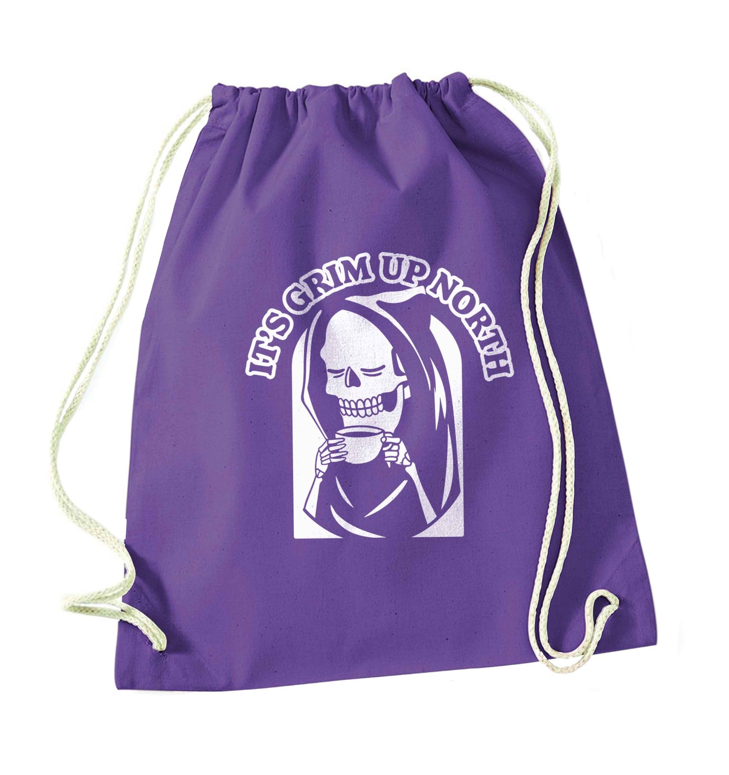 It's grim up North purple drawstring bag