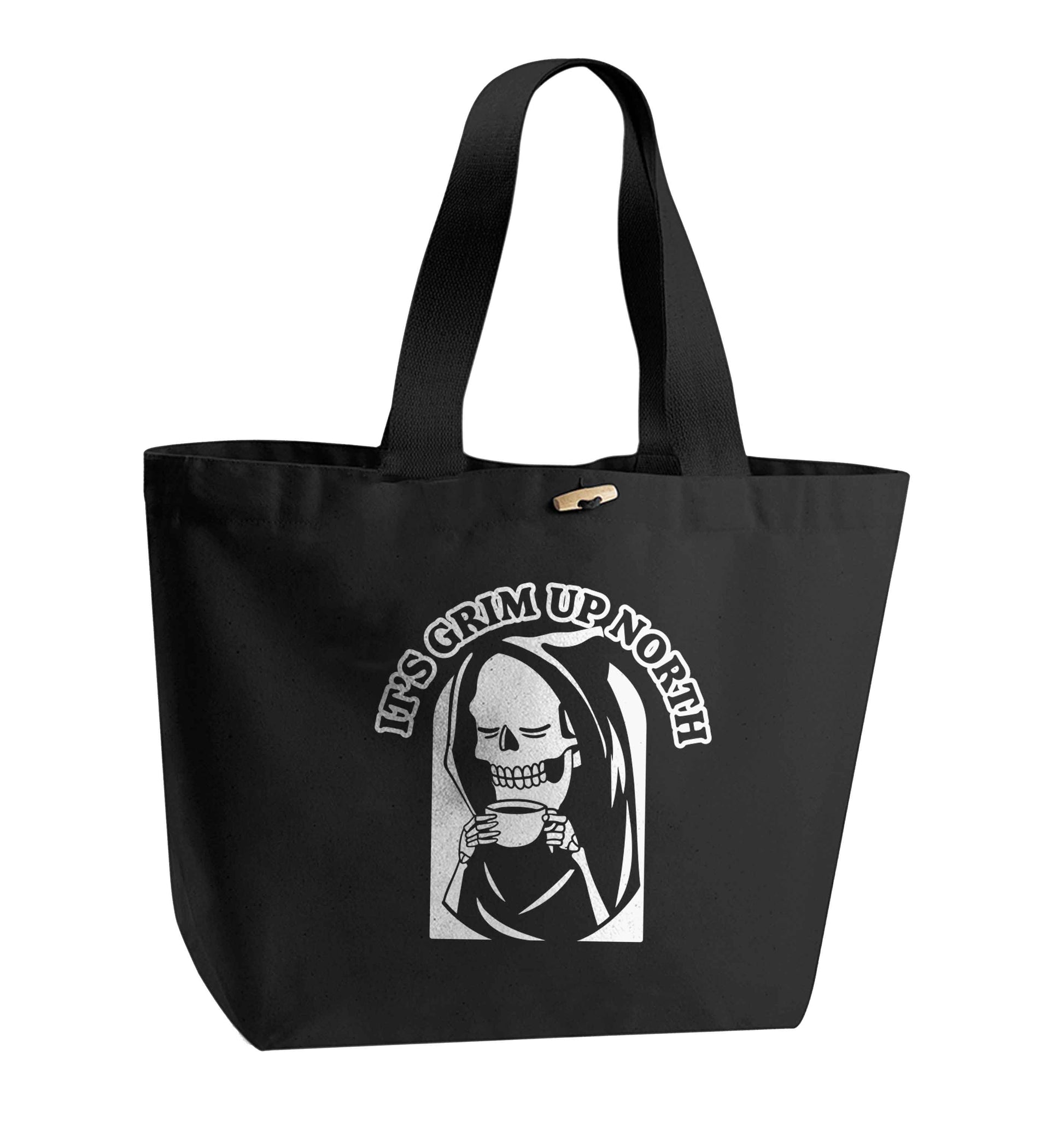 It's grim up North organic cotton premium tote bag with wooden toggle in black