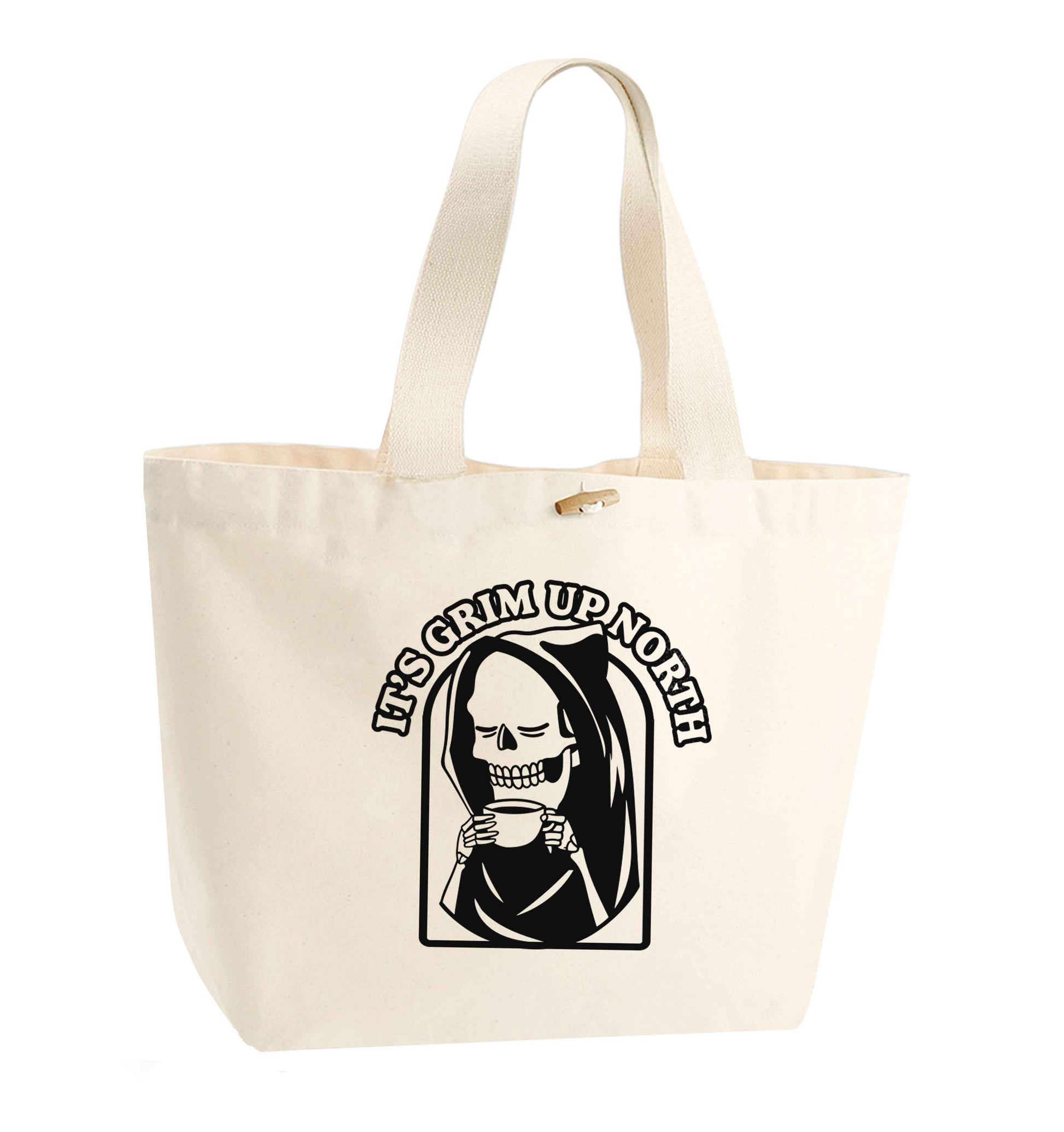 It's grim up North organic cotton premium tote bag with wooden toggle in natural