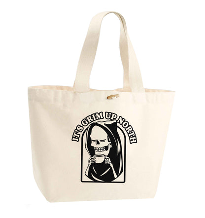 It's grim up North organic cotton premium tote bag with wooden toggle in natural
