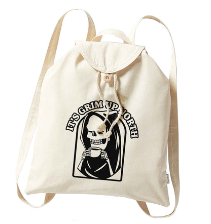It's grim up North organic cotton backpack tote with wooden buttons in natural