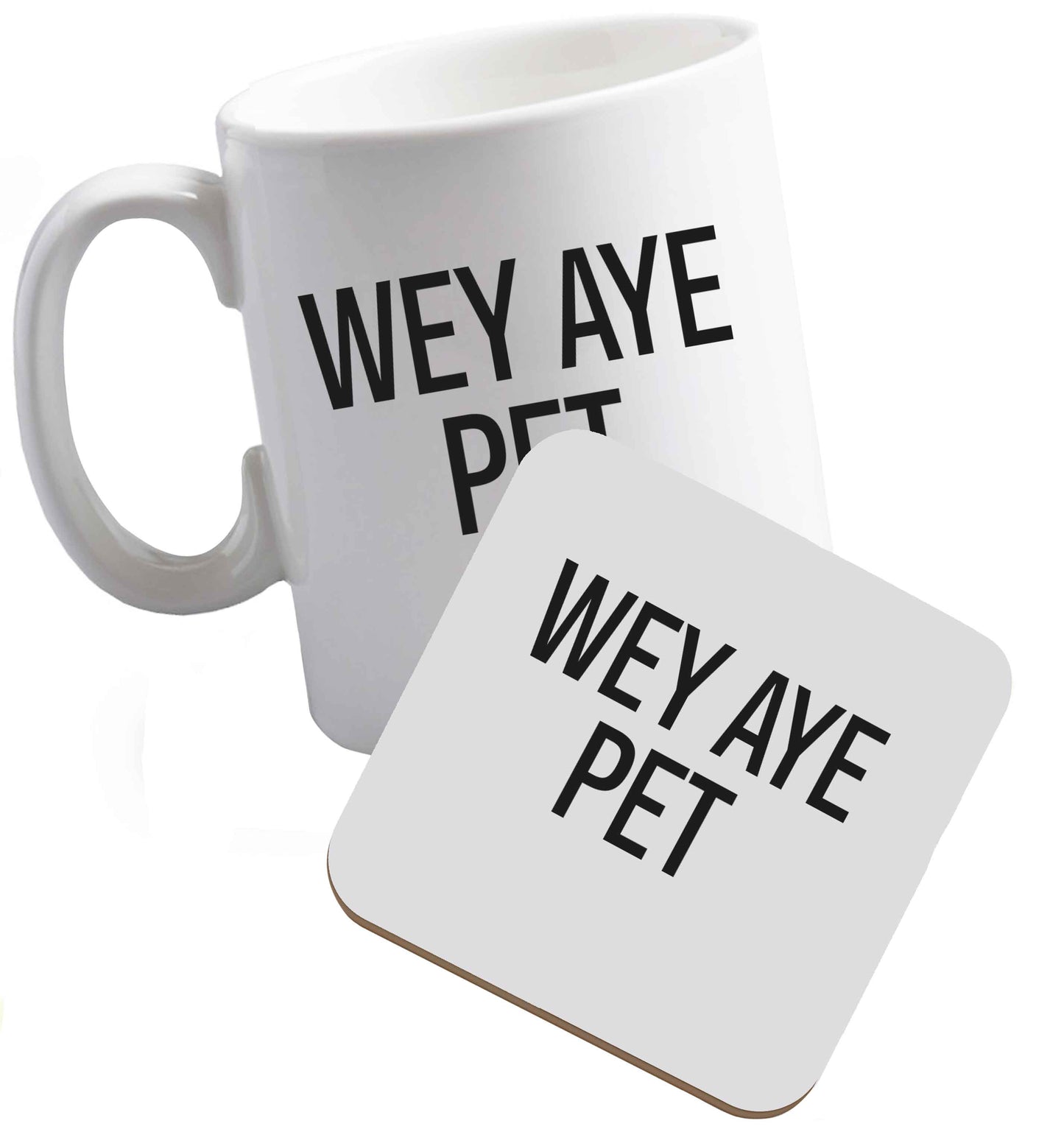 10 oz Wey Aye Pet ceramic mug and coaster set right handed