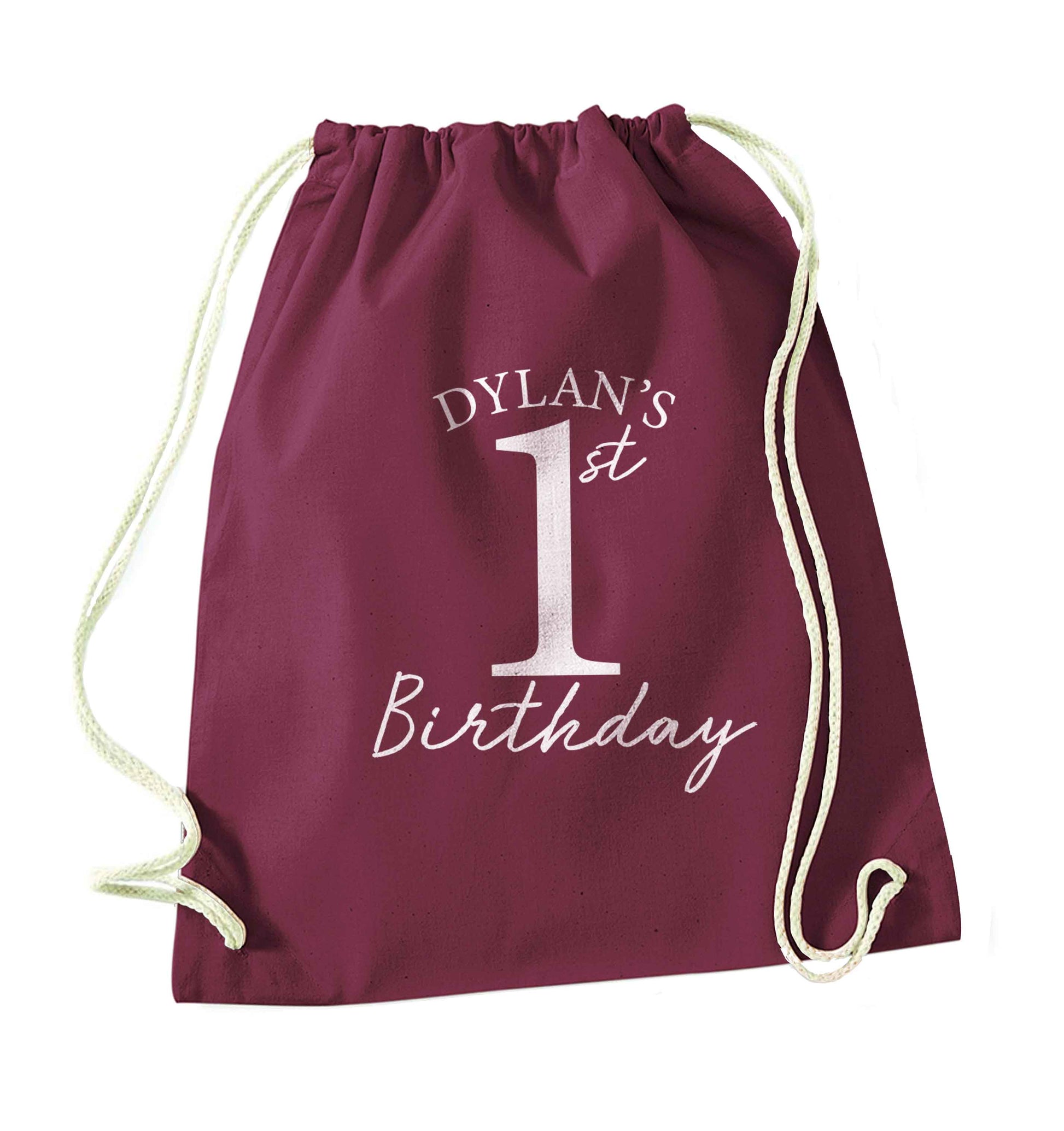 Personalised first birthday - any name or age! maroon drawstring bag