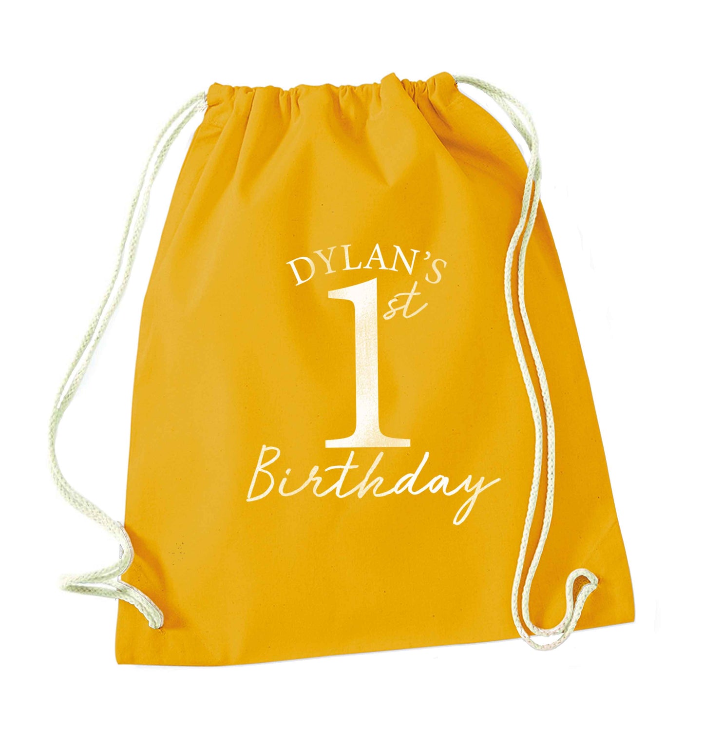 Personalised first birthday - any name or age! mustard drawstring bag