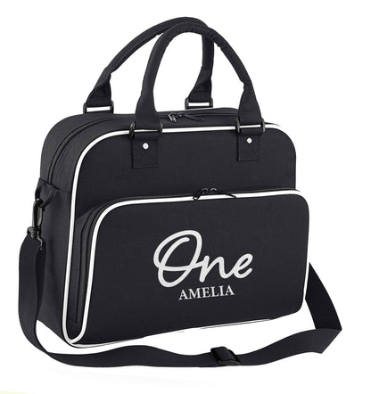 Personalised age and name children's dance bag black with white detail
