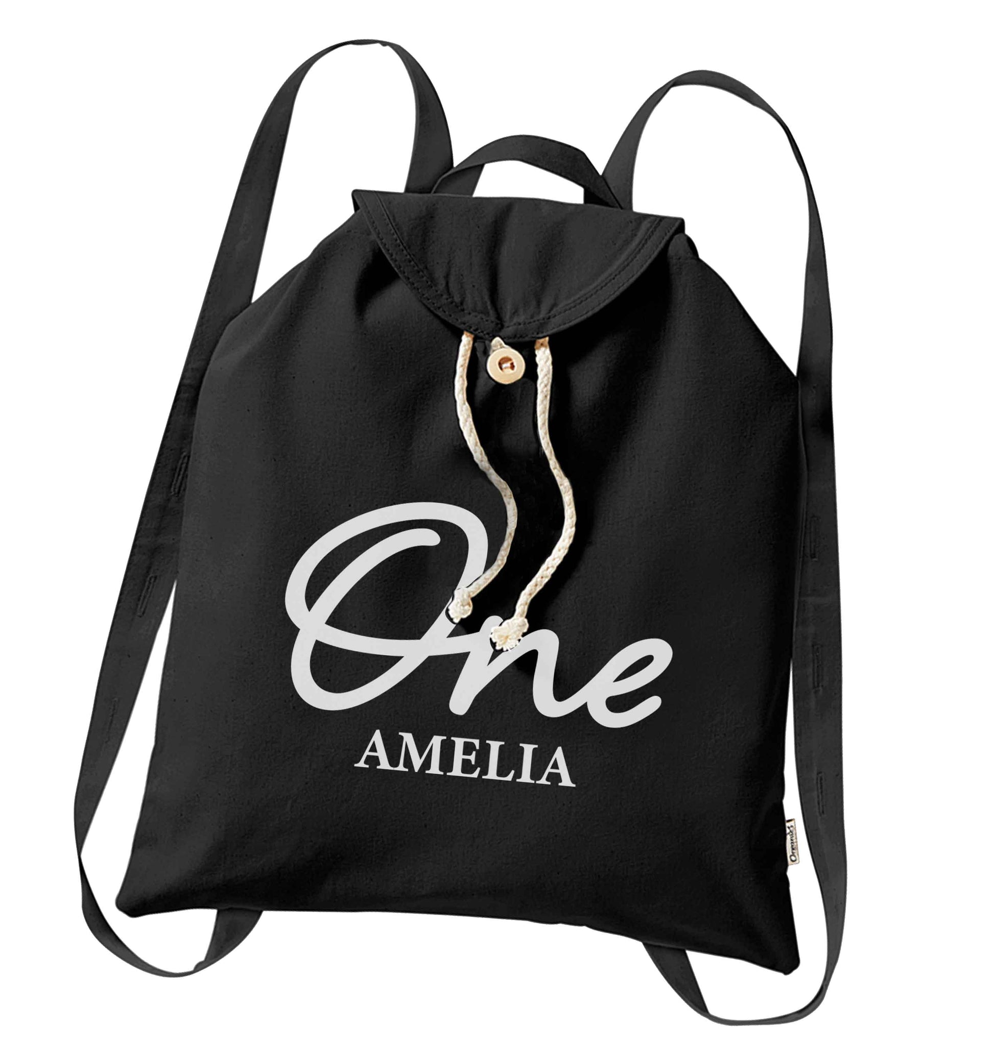 Personalised age and name organic cotton backpack tote with wooden buttons in black