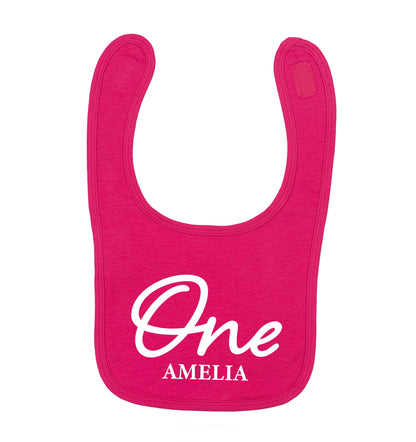 Personalised age and name dark pink baby bib